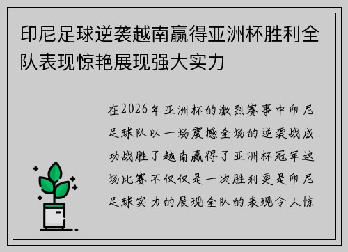 印尼足球逆袭越南赢得亚洲杯胜利全队表现惊艳展现强大实力